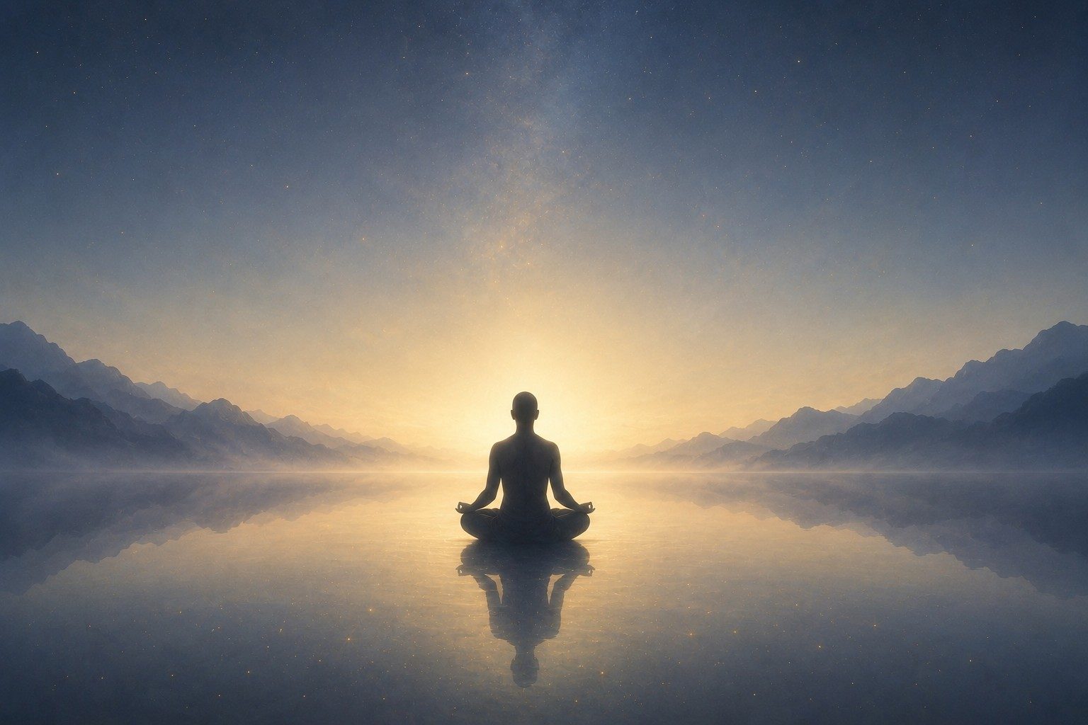 A seeker in meditation beneath the night sky, reflected in still water