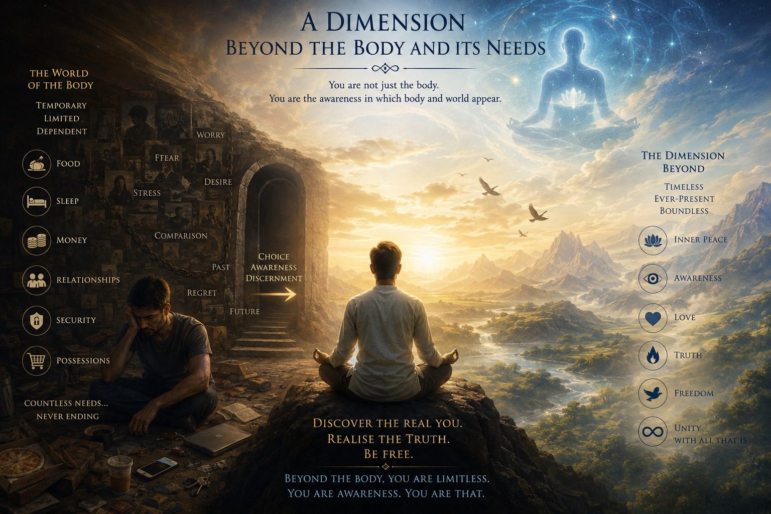 A dimension beyond the body and its needs &mdash; the world of the body, temporary and limited, versus the timeless dimension beyond: inner peace, awareness, love, truth, freedom, and unity with all that is