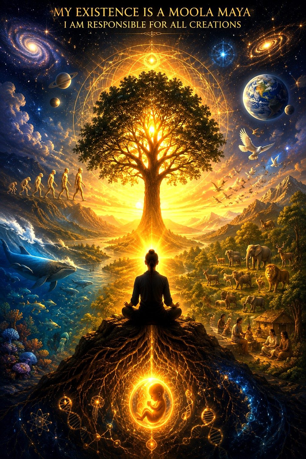 A seeker in meditation beneath a tree, at the meeting point of night and day, symbolising Yeruka's field of creation and experience