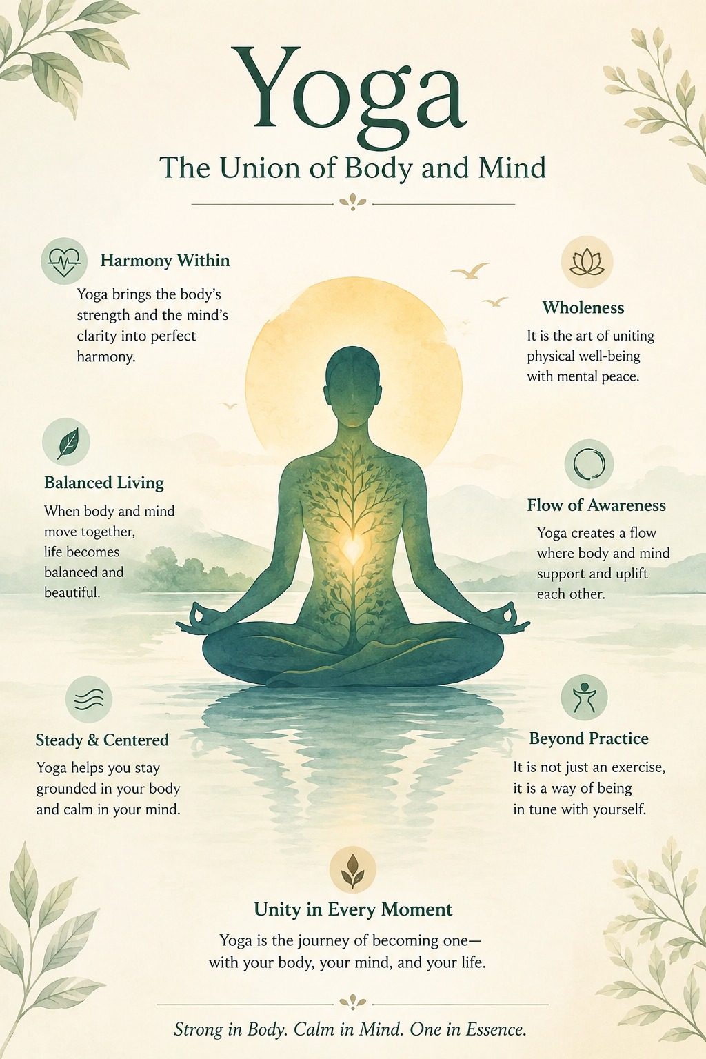 An infographic on Yoga as the union of body and mind, with six reflections: Harmony Within, Wholeness, Balanced Living, Flow of Awareness, Steady and Centered, and Beyond Practice